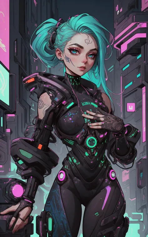 ([style of Laura Martin, OverallDetail:style of Dave Stewart, HairDetail  SkinDetail :0.3]:1.21),  In a cyberpunk cityscape, a woman with neon hair hacks into the digital ether, her fingers dancing over holographic interfaces, with drones buzzing around.