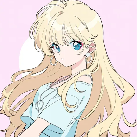 Blonde hair, bleach blonde hair, blue eyes, blue eyes, white hoop earrings, white hoop earrings, necklaces, necklaces, pretty, makeup, 2d, pastel color, lineart, 1girl, solo, long hair, looking at viewer, blonde hair, jewelry, earrings, parted lips,