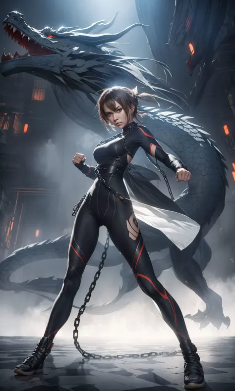 a female fist fighter, wearing rave clothes, , an iron chain wrapped around her fists, cloak of Smokey ash red and black particles all around her, wearing a black full bodysuit, ultra soft light, professional lighting, sharp lighting, focused light,(masterpiece:1.1),(highest quality:1.1),(HDR:1), photo studio,((masterpiece, best quality)),(ancient Japanese dragon city background:1.2), (misty background:1.3), beautiful illustration, high quality, ultra detailed image in the mixed fusion style of Andrew Atroshenko and Android Jones,