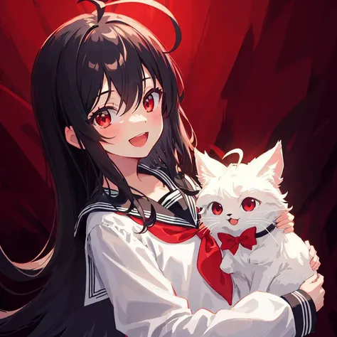 detailed,best quality,masterpiece,illustration,wallpaper,,1girl,solo,upper bodywhite bow,:d,smile,eyeliner,long hair, black hair,(ahoge:1.2),bangs,hair between eyes,gray inner hair, red eyes,looking at viewer,black sailor collar,black serafuku,long sleeves,dimly lit