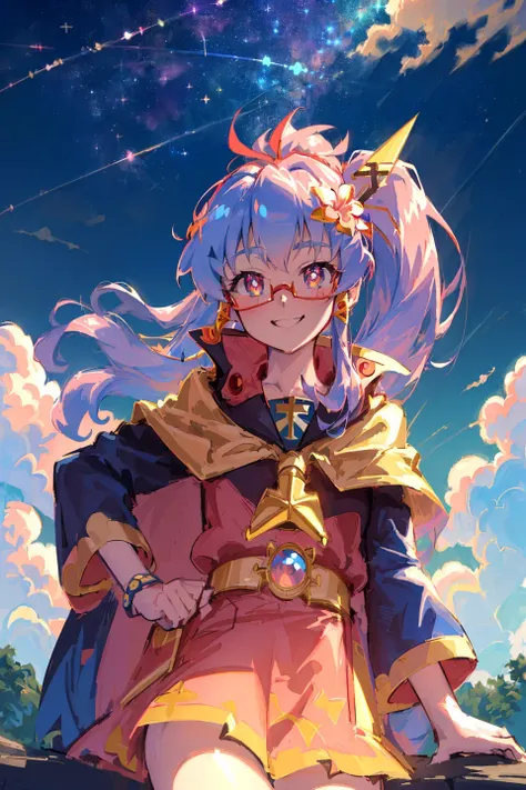 (ultra detailed),(highres),(best quality:1.2),(masterpiece:1.2),(extremely detailed CG unity 8k wallpaper),tengen toppa gurren lagann (nia teppelin:1.3),smile,solo,(cross-shaped pupils:1.2),triangular eyewear,looking at viewer,blush,(cloud hair:1.2),flower,hair flower,hair ornament,wristban,Blue cape,core drill,