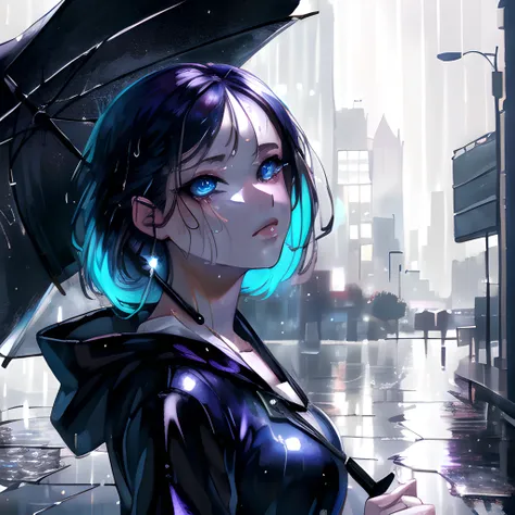 (masterpiece , best quality:1.4), girl holding an umbrella in the rain, rainy, moody, puddles, natural face, <lora:sxzHotBloomStyle_sxzHotBloom:0.3>, <lora:fantasyEyesLORA_ffyy01:0.6>, wet clothes, DimGray eyes, (neon signs:1.2), watercolor, detailed face, (perfect face:1.2), (perfect eyes:1.2), (hard lighting), (high contrast),  (corneo_runny_makeup:0.8), one earphone in,