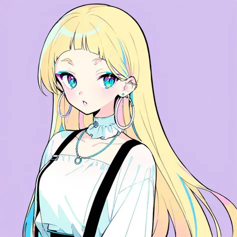 Blonde hair, bleach blonde hair, blue eyes, blue eyes, white hoop earrings, white hoop earrings, necklaces, necklaces, pretty, makeup, 2d, pastel color, lineart, 1girl, solo, long hair, looking at viewer, blonde hair, jewelry, earrings, parted lips,