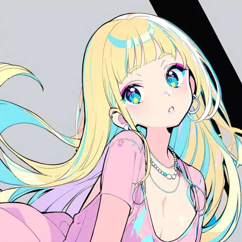 Blonde hair, bleach blonde hair, blue eyes, blue eyes, white hoop earrings, white hoop earrings, necklaces, necklaces, pretty, makeup, 2d, pastel color, lineart, 1girl, solo, long hair, looking at viewer, blonde hair, jewelry, earrings, parted lips,