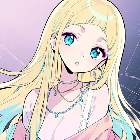 Blonde hair, bleach blonde hair, blue eyes, blue eyes, white hoop earrings, white hoop earrings, necklaces, necklaces, pretty, makeup, 2d, pastel color, lineart, 1girl, solo, long hair, looking at viewer, blonde hair, jewelry, earrings, parted lips,