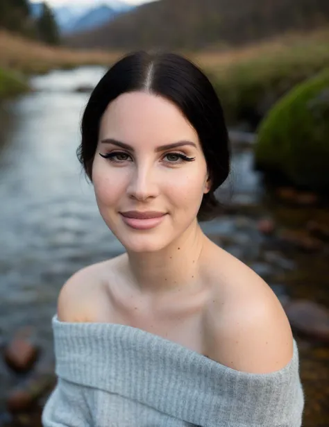 RAW, close portrait photo, ((eyeliner, glossy lips)), (off the shoulder sweater:1.2), standing in front of a creek, mountains in background, (sun rising), long haircut, pale skin, slim body, (high detailed skin:1.2), 8k uhd, dslr, soft lighting, high quality, film grain, Fujifilm XT3 sharp focus, f 5.6, cinematic light, sidelighting, Fujiflim XT3, DSLR, 50mm , <lora:lana_del_rey:1.4:0,0.1,0.2,0.3,0.4,0.5,0.6,0.7,0.8,0.9,0.8,0.7,0.6,0.5,0.4,0.3,0.2> ,