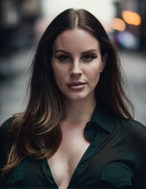 , extremely high quality RAW photograph of woman, wearing shirt, cleavage, in street, (portrait), (skin details, high detailed skin texture), ((photorealistic), film grain), 8k high definition, insanely (detailed face), detailed eyes, (photo), (photograph),highly detailed, sharp focus, 4k, focus on eyes,bokeh, staring at camera, ,gigapixel,by hasselblad, (((low light, dark,dim))),(((midnight))),((late night)),(late at night,night-time, after dark), eyeliner, makeup, green eyes, <lora:lana_del_rey:1.4:0,0.1,0.2,0.3,0.4,0.5,0.6,0.7,0.8,0.9,0.8,0.7,0.6,0.5,0.4,0.3,0.2> ,