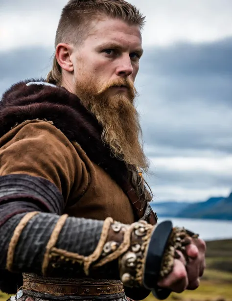 a stunning ultra-realistic photografp of a fierce warrior metculously sharpening her formidable blade amidsf the rugged untamed wilderness of the scandinavian landscape the scene is captured with a Nikon D850 camera usin a 70-200mm f/2.8 lens, highlighting evey intricate detail of the vikings weathered face, war-worn armor, and expert craftsmanship of his weapon, the settings used are an aperture of f/4, ISO 400, and a shutter speed of 1/200 sec, balancing the natural light and shadows to emphasizethe instensity and determination in the viking's eyes. The composition juxtaposes tje raw power of the warrior agains the sene beauty of the surrounding environment, capturing the very essence of the viking spirit in a breathtaking, high-resolution image that transports viewers back to time of legendary battles and untold stories