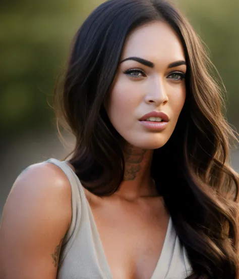 portrait, close up face photo of megf, 1girl, solo, megan fox looking away, detailed skin, 8k uhd, dslr, soft lighting, high quality, film grain, long hair, 4K, HDR, <lora:MeganFoxDoguV3:0.9>