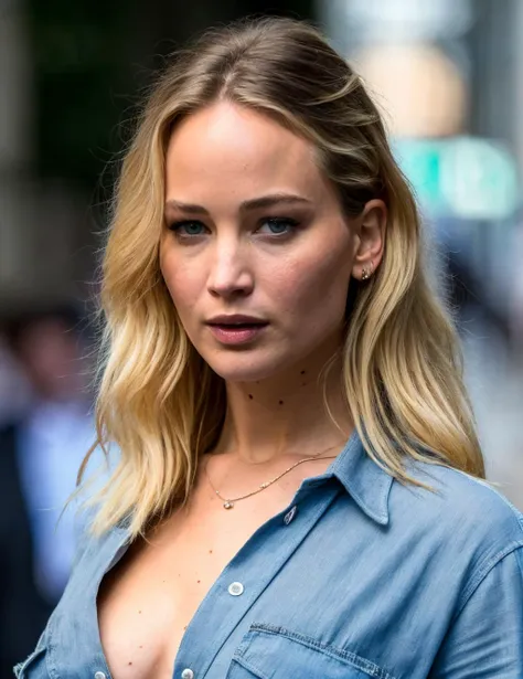extremely high quality RAW photograph of (jenniferLaw1:0.9), wearing shirt, cleavage, in street, (portrait), (skin details, high detailed skin texture), ((photorealistic), film grain), 8k high definition, insanely (detailed face), detailed eyes, (photo), (photograph),highly detailed, sharp focus, 4k, focus on eyes,bokeh, staring at camera, ,gigapixel,by hasselblad,