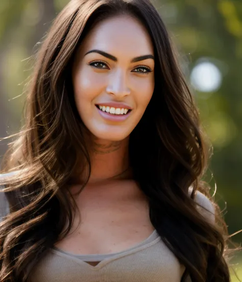 portrait, close up face photo of megf, 1girl, solo, megan fox looking away, smiling, detailed eyes, detailed face, 8k uhd, dslr, soft lighting, high quality, film grain, long hair, 4K, HDR, <lora:MeganFoxDoguV3:0.9>