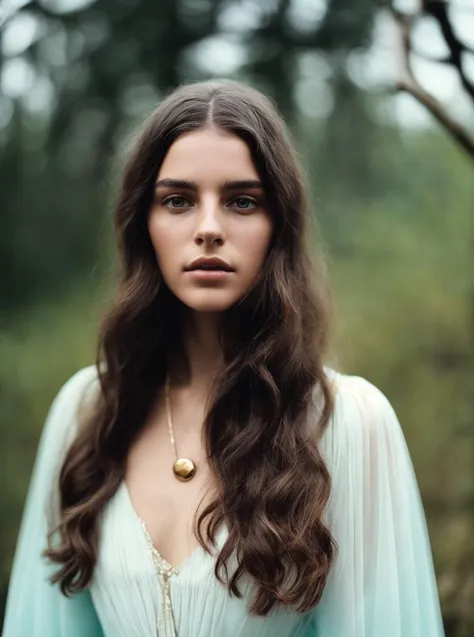 RAW candid cinema, best quality, beautiful French sks woman, wearing gold necklace with aquamarine jewels, landscape background, hourglass body shape, dark long hair, long legs, wearing Victorian riding hood, 28mm, f/2.6 ((color graded portra 400 film)) ((remarkable color)), (ultra realistic), textured skin, remarkable detailed pupils, skin pores, goosebumps, subsurface scatter, visible skin detail, skin fuzz, (dry skin) shot with cinematic camera, photo by Alessio Albi and paul zizak, style by WLOP and Ariock