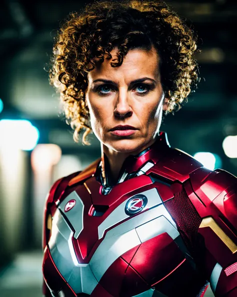 Close-up solo portrait of woman, wearing a ironman costume in a dark alley, RAW, Nikon D850, depth of field, cinematic lighting, hard focus