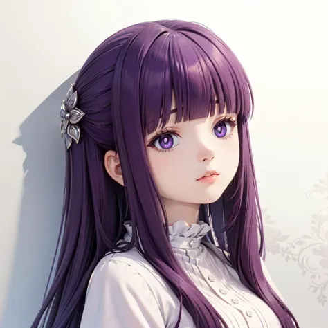 masterpiece,best quality,purple hair,long hair,straight hair,sidelocks,half updo,purple eyes,white pupils,blunt bangs,hair ornament,