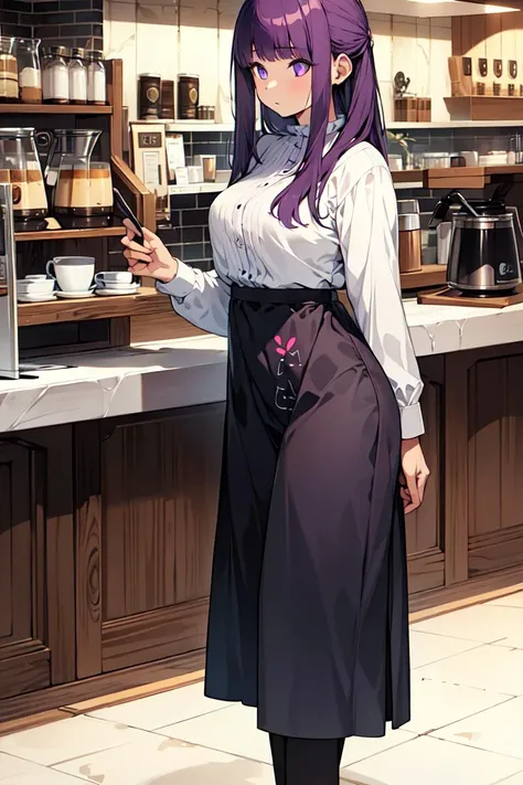 masterpiece,best quality,fullbody,1girl,solo,(barista clothes,barista background:1.2),purple hair,long hair,