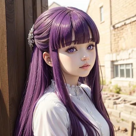 masterpiece,best quality,purple hair,long hair,straight hair,sidelocks,half updo,purple eyes,white pupils,blunt bangs,hair ornament,