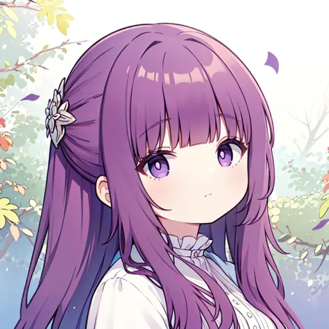masterpiece,best quality,purple hair,long hair,straight hair,sidelocks,half updo,purple eyes,white pupils,blunt bangs,hair ornament,