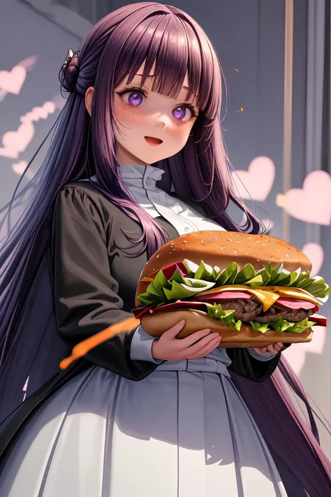 ((masterpiece)), ((best quality)), ((prefect composition)), ((prefect anatomy)), prefect cooperation, high-res, complex detailed, illustration, prefect lighting, 1girl, solo, minigirl, (((focus burger, two-handed_burger:5.3, holding the sole huge burger with both hands, absurdres, eating the huge burger as wide as full screen, closed up))), purple eyes, straight hair, sidelocks, half updo, black coat, medical nun dress, long hair, purple hair, long blunt bangs, no hair ornament, full-face blush, heart-shaped pupils, enchanting expressionless, (detailed face description), (detailed eyes description), octane rendering, huge file size, colorful contrast, (heart sharp releasing :D).
<lora:Frieren_Fern_SSA_V1:0.7> <lora:borger-nvwls-ver-2:0.35> <lora:add_detail:0.35> <lora:more_details:0.35> <lyco:torogao_v4-000010:1>