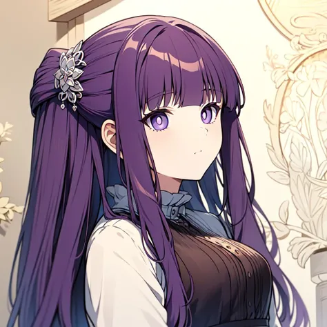 masterpiece,best quality,purple hair,long hair,straight hair,sidelocks,half updo,purple eyes,white pupils,blunt bangs,hair ornament,
