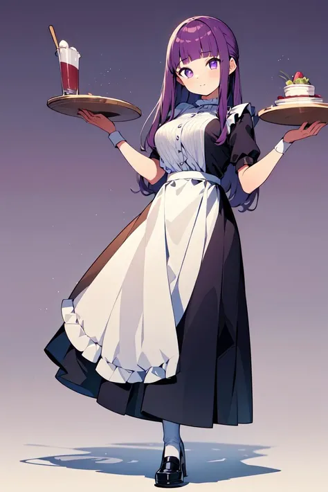 masterpiece,best quality,fullbody,1girl,solo,(waitress clothes,waitress background:1.2),purple hair,long hair,