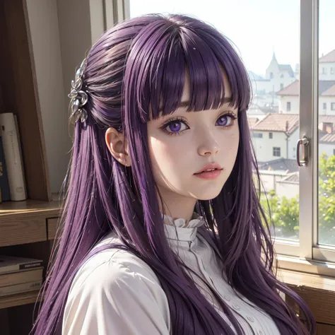 masterpiece,best quality,purple hair,long hair,straight hair,sidelocks,half updo,purple eyes,white pupils,blunt bangs,hair ornament,