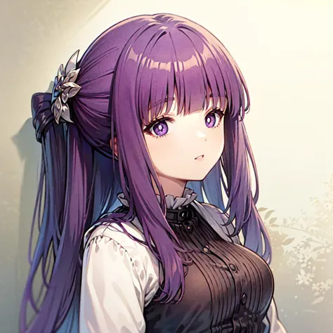 masterpiece,best quality,purple hair,long hair,straight hair,sidelocks,half updo,purple eyes,white pupils,blunt bangs,hair ornament,
