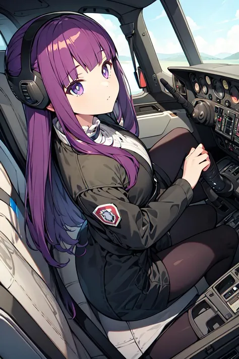 masterpiece,best quality,fullbody,1girl,solo,(pilot clothes,pilot background:1.2),purple hair,long hair,