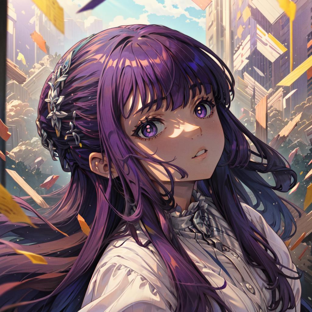 Anime girl with purple hair and purple eyes in a city - SeaArt AI