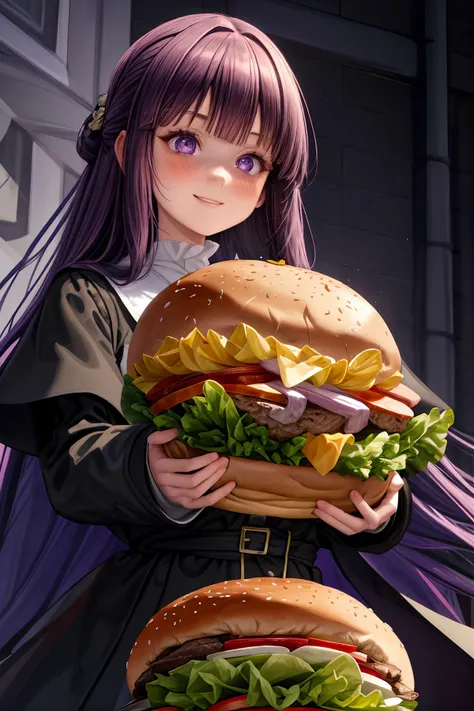 ((masterpiece)), ((best quality)), ((prefect composition)), ((prefect anatomy)), prefect cooperation, high-res, complex detailed, illustration, prefect lighting, 1girl, solo, minigirl, (((focus burger, two-handed_burger:5.3, holding the sole huge burger with both hands, absurdres, eating the huge burger as wide as full screen, closed up))), purple eyes, straight hair, sidelocks, half updo, black coat, medical nun dress, long hair, purple hair, long blunt bangs, no hair ornament, full-face blush, heart-shaped pupils, enchanting expressionless, (detailed face description), (detailed eyes description), octane rendering, huge file size, colorful contrast, very confident, wired happy smile, grin.
<lora:Frieren_Fern_SSA_V1:0.7> <lora:borger-nvwls-ver-2:0.35> <lora:add_detail:0.35> <lora:more_details:0.35> <lyco:torogao_v4-000010:1>