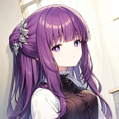 masterpiece,best quality,purple hair,long hair,straight hair,sidelocks,half updo,purple eyes,white pupils,blunt bangs,hair ornament,