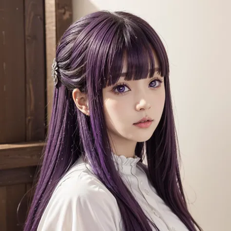 masterpiece,best quality,purple hair,long hair,straight hair,sidelocks,half updo,purple eyes,white pupils,blunt bangs,hair ornament,