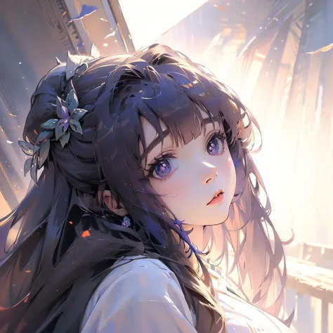 masterpiece,best quality,purple hair,long hair,straight hair,sidelocks,half updo,purple eyes,white pupils,blunt bangs,hair ornament,