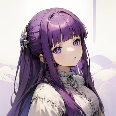 masterpiece,best quality,purple hair,long hair,straight hair,sidelocks,half updo,purple eyes,white pupils,blunt bangs,hair ornament,