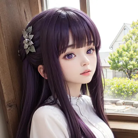masterpiece,best quality,purple hair,long hair,straight hair,sidelocks,half updo,purple eyes,white pupils,blunt bangs,hair ornament,