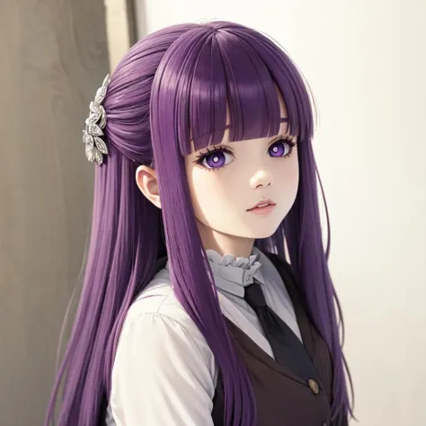 masterpiece,best quality,purple hair,long hair,straight hair,sidelocks,half updo,purple eyes,white pupils,blunt bangs,hair ornament,