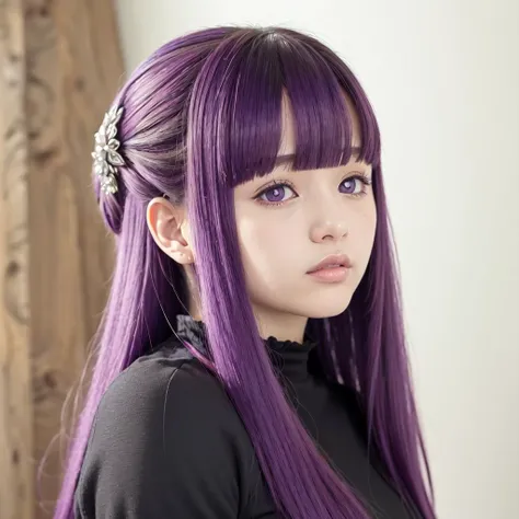 masterpiece,best quality,purple hair,long hair,straight hair,sidelocks,half updo,purple eyes,white pupils,blunt bangs,hair ornament,