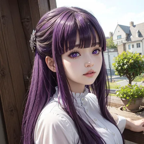 masterpiece,best quality,purple hair,long hair,straight hair,sidelocks,half updo,purple eyes,white pupils,blunt bangs,hair ornament,