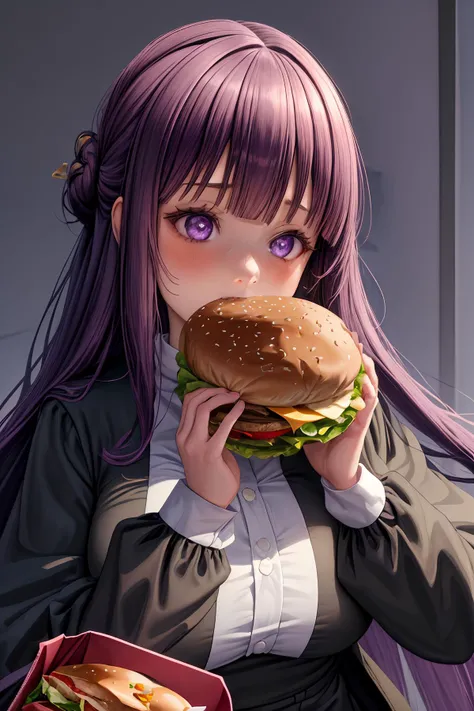 ((masterpiece)), ((best quality)), ((prefect composition)), ((prefect anatomy)), prefect cooperation, high-res, complex detailed, illustration, prefect lighting, 1girl, solo, minigirl, (((focus burger, two-handed_burger:5.3, holding the sole huge burger with both hands, absurdres, eating the huge burger as wide as full screen, closed up))), purple eyes, straight hair, sidelocks, half updo, black coat, medical nun dress, long hair, purple hair, long blunt bangs, no hair ornament, full-face blush, heart-shaped pupils, enchanting expressionless, (detailed face description), (detailed eyes description), octane rendering, huge file size, colorful contrast.
<lora:Frieren_Fern_SSA_V1:0.7> <lora:borger-nvwls-ver-2:0.35> <lora:add_detail:0.35> <lora:more_details:0.35> <lyco:torogao_v4-000010:1>