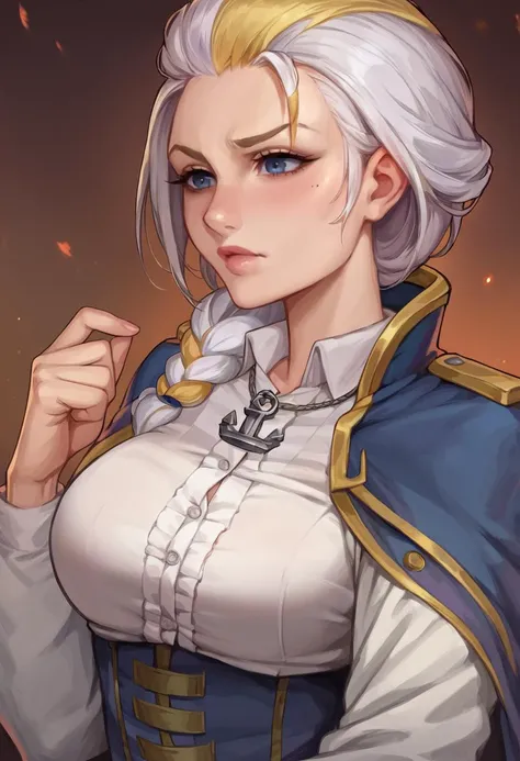 score_9, score_8_up, score_7_up, source_anime BREAK 1girl, solo, <lora:kittew-artist-richy-v1_pdxl:1> jaina proudmoore, white hair, yellow hair, streaked hair, side braid, anchor necklace, large breasts, jacket, corset