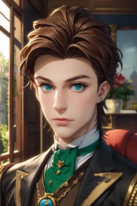 masterpiece, best quality, photorealistic, 1boy, solo, male focus, looking at viewer, upper body, , <lora:albert_james_moriarty:0.74>, albert_james_moriarty, brown hair, green eyes, dwarf costume, steampunk,