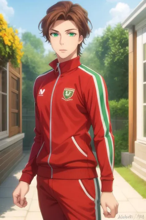 masterpiece, best quality, photorealistic, 1boy, solo, male focus, looking at viewer, , , <lora:albert_james_moriarty:0.70>, albert_james_moriarty, brown hair, green eyes, tracksuit, , ,