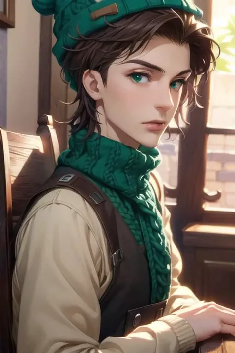 masterpiece, best quality, game cg, 1boy, solo, male focus, looking at viewer, , depth of field, <lora:albert_james_moriarty:0.64>, albert_james_moriarty, brown hair, green eyes, , bobble hat, The Dragon's Lair: A deadly place where fearsome dragons dwell, 8k resolution