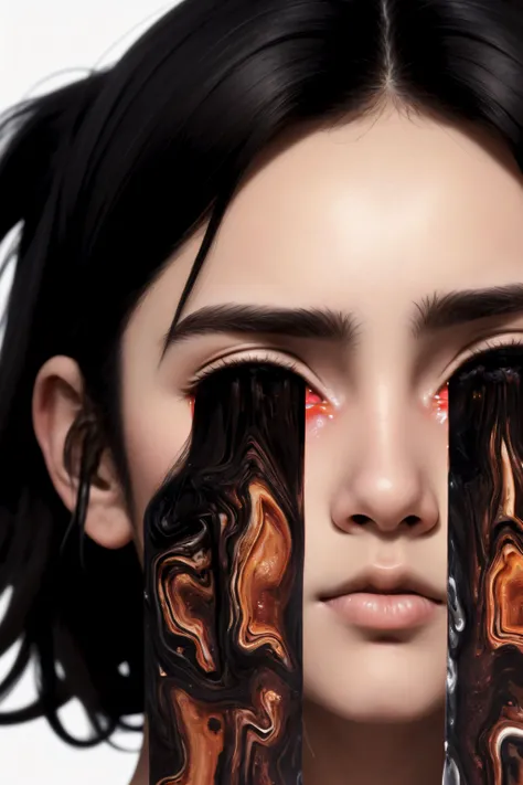 ((best quality)), ((masterpiece)), (detailed),4k, 1girl, arabic, dark hair, detailed face, <lora:TearsV2-lbw:0.8>, Tears,(petroleum), (petrol), black tar,Portrait, white background,