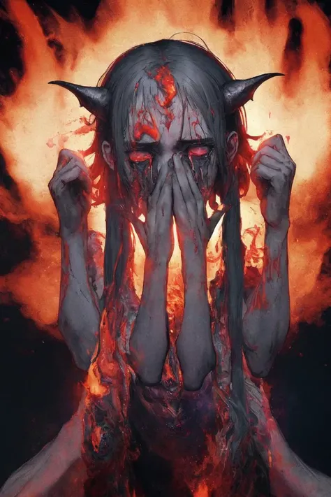 <lora:TearsV2-lbw:0.9> tears, boy crying, satanic symbols on fire, horror background, horror theme, dark fantasy