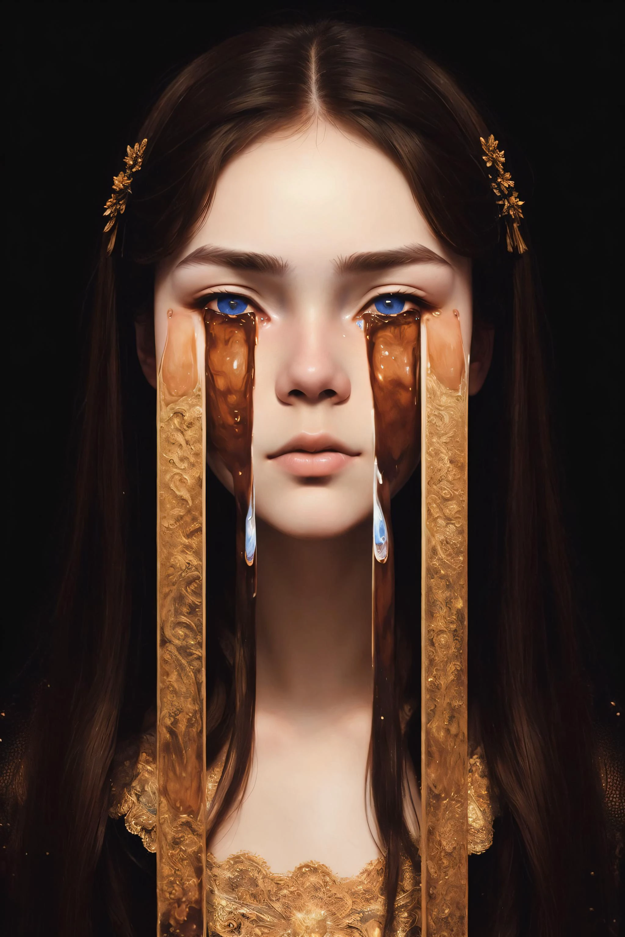 ((best quality)), ((masterpiece)), (detailed),4k, 1girl, russian, brown hair, detailed face, <lora:TearsV2-lbw:0.9>, Tears,bizmuth, Portrait, black background,