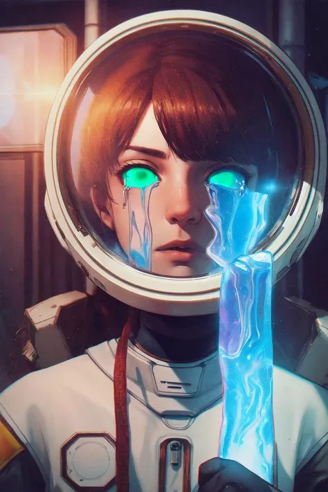 hands on head, grasping own helmet, astronaut helmet, messy hair, tears ,brown hair, green eyes, water filled astronaut helmet, trapped in spacecraft airlock, black mold, mold veins, fungus spores, outer space, lens flare, astronaut suit, masterpiece, perfect face, intricate details, horror theme , portrait, dark ambience, dust, low light ,cinematic, ambient occlusion, chromatic aberration, <lora:TearsV2-lbw:0.9>