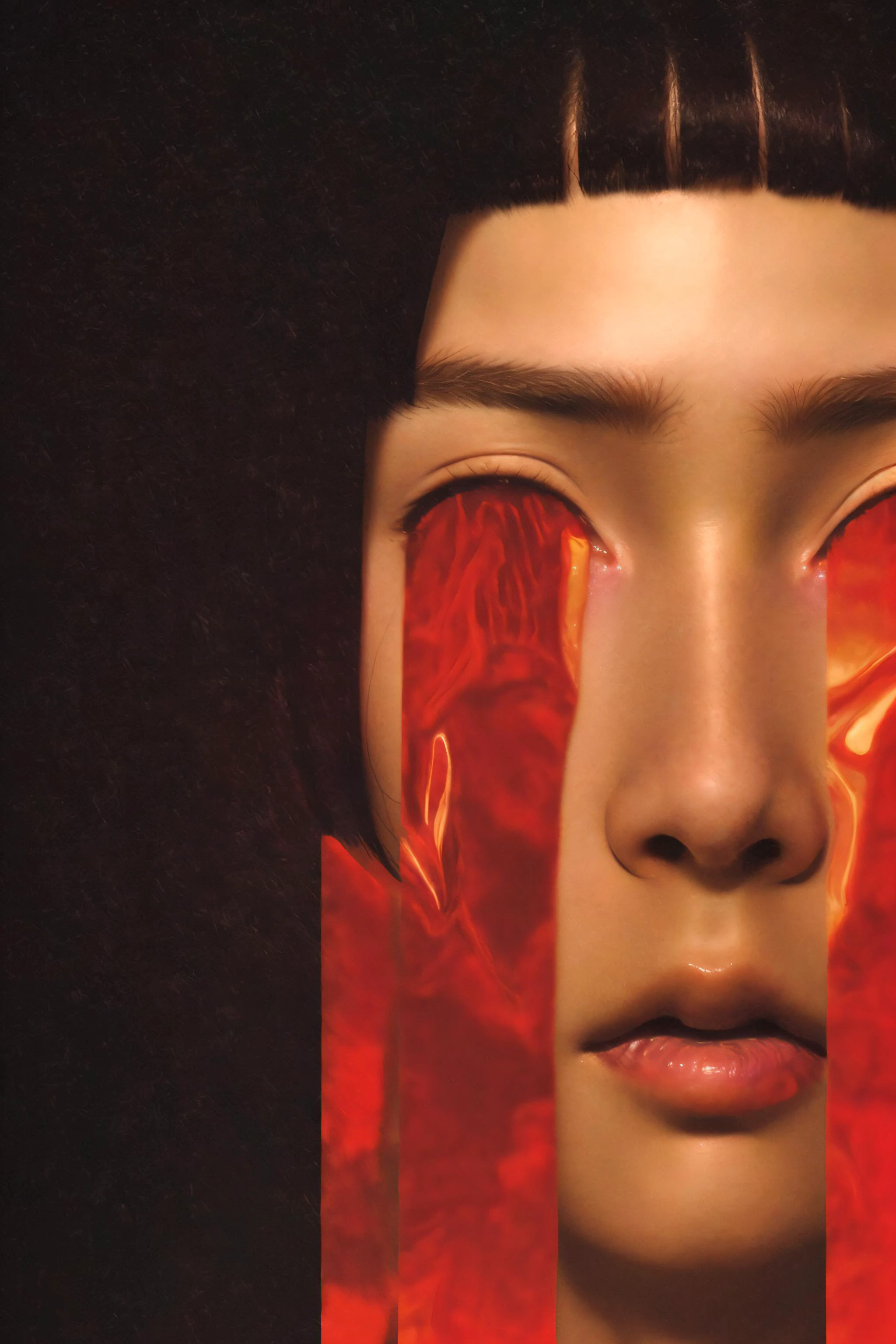 ((best quality)), ((masterpiece)), (detailed),4k, 1girl, bobcut, flowing hair, detailed face, <lora:hair_with_scenery:1>, red sun, <lora:TearsV2-lbw:1> Tears, Portrait, black background