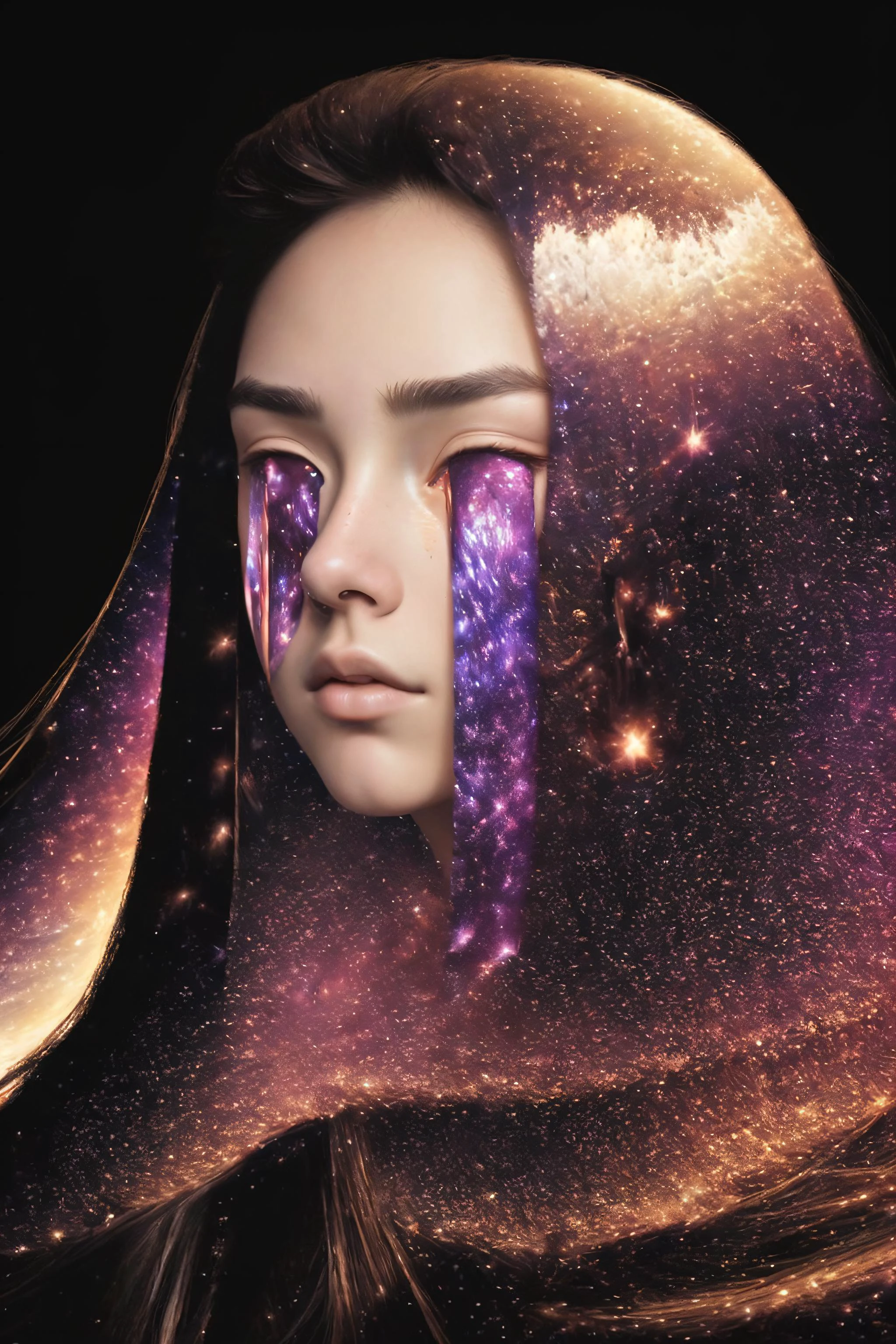((best quality)), ((masterpiece)), (detailed),4k, 1girl, long hair, flowing hair, detailed face, <lora:hair_with_scenery:0.9>, galaxy, <lora:TearsV2-lbw:0.9> Tears, Portrait, black background