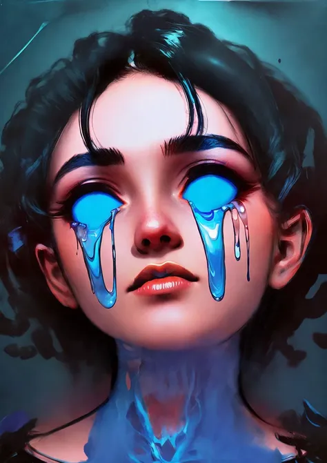 spilled open eyes ,blak hair, short hair, frame, victorian room,night, blue background, <lora:trippy tears-v9:1>