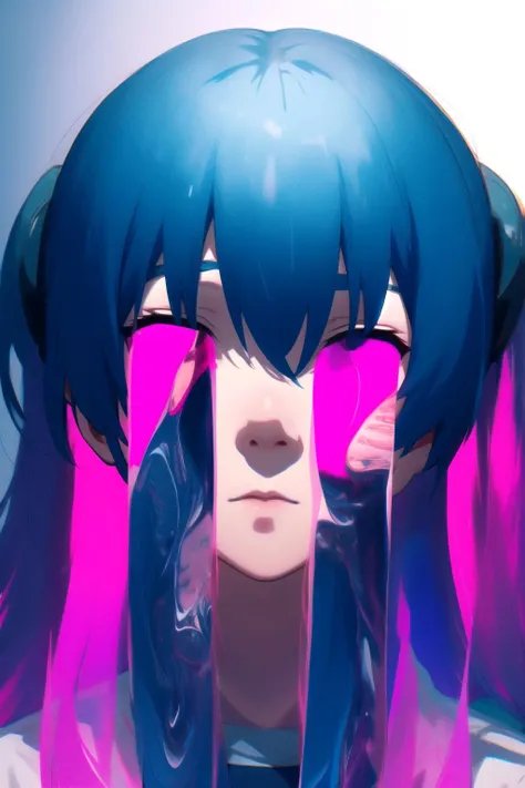 tears ,girl, pink eyes,portrait,blue background,dark ambience, dust,low light ,cinematic, ambient oclussion, chromatic aberration, <lora:TearsV2-lbw:1>